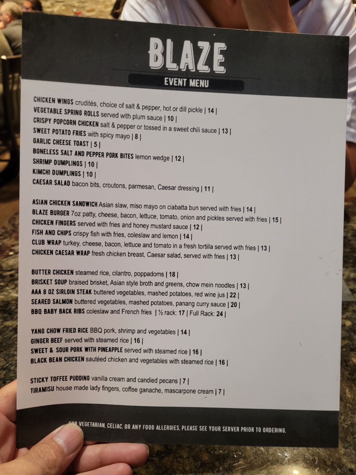 blaze bar event menu